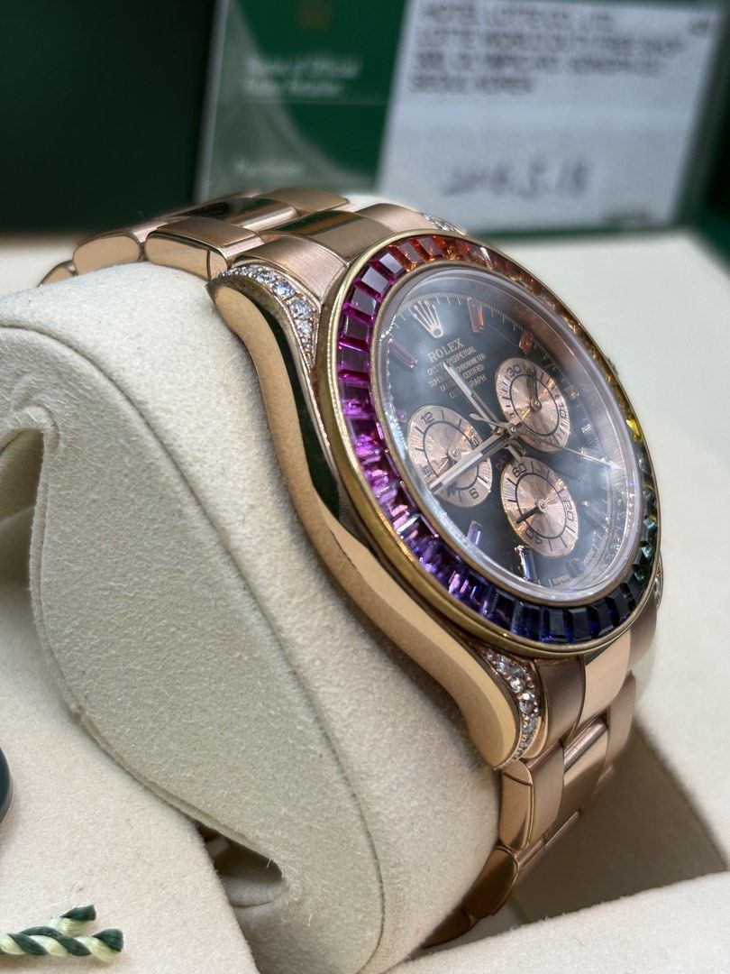 2016 Rolex Rainbow Daytona (Category: Men's Watches) located in Pasig City. Submitted by nicoestradaa (Listing ID 1463960911, Image 2). Description: Rolex Daytona Custom Rainbow HK Setting 40mm 116505 2016 year model 9.8/10 condition with PPF Box, card, manuals, tags, authentication papers and gentry card Open for authentication 3.150m.