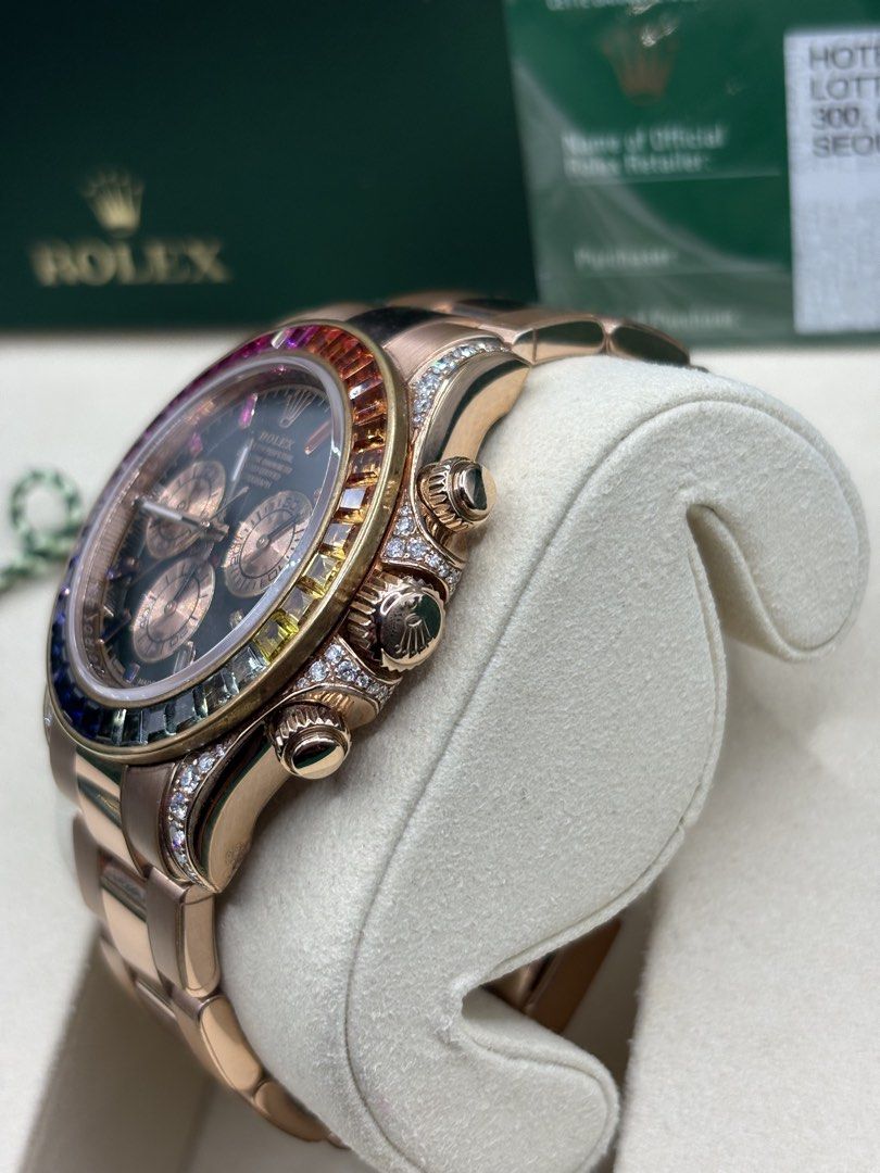 2016 Rolex Rainbow Daytona (Category: Men's Watches) located in Pasig City. Submitted by nicoestradaa (Listing ID 1463960911, Image 3). Description: Rolex Daytona Custom Rainbow HK Setting 40mm 116505 2016 year model 9.8/10 condition with PPF Box, card, manuals, tags, authentication papers and gentry card Open for authentication 3.150m.