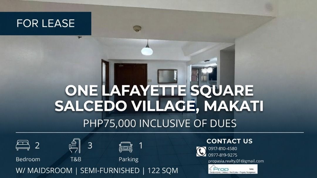 2 BEDROOM IN ONE LAFAYETTE SQUARE (Category: Apartments & Condos) located in Caloocan City. Submitted by swiftstorm_16cc5f (Listing ID 1463989614, Image 1). Description: ONE LAFAYETTE SQUARE -11TH FLOOR -2 BEDROOM -W/ MAIDSROOM -122 SQM -3 T&B -SEMI-FURNISHED -1 PARKING SLOT.