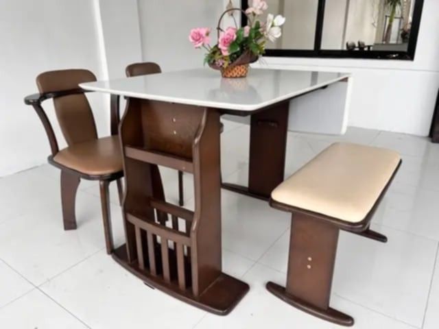 4-Seater Foldable Dining Set (Category: Tables & Sets) located in Mexico. Submitted by mgracejapansurplus (Listing ID 1464043945, Image 1). Description: NEW ARRIVAL 🔥 JAPAN SURPLUS 🇯🇵 ▪️4-Seater Foldable Dining Set ✨ - White smooth top table with dark solid wood frame . - Side drop-leaf / foldable design — space-saving & versatile - 2 swivel chairs with brown padded seats + 1 cream-upholstered bench - Sturdy pedestal base, classic functional s