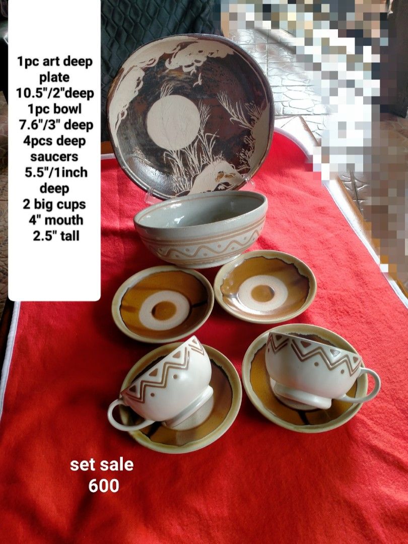 8pc Stoneware Bowl, Plate, Cups & Saucers Set (Category: Dinnerware & Cutlery) located in Manila. Submitted by margeventa (Listing ID 1463643950, Image 1). Description: - Complete 8-piece stoneware set - Includes 1 large serving bowl - Includes 1 large serving plate with unique nature-inspired design - Includes 2 cups with matching saucers featuring a geometric pattern - Includes 2 additional saucers (5.5 inches wide, 1 inch deep) - Ideal for ser