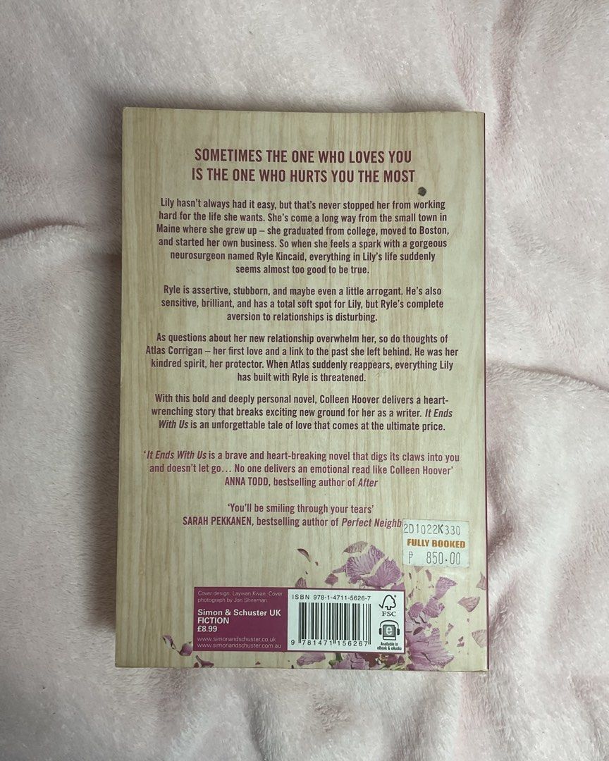 🔴 It Ends With Us by : Colleen Hoover (Category: Storybooks) located in Manila. Submitted by fst30 (Listing ID 1464065907, Image 3). Description: Yellowed pages and slight foxing. - Popular novel by Colleen Hoover - Heart-wrenching story about love and relationships - Bestseller and highly recommended.