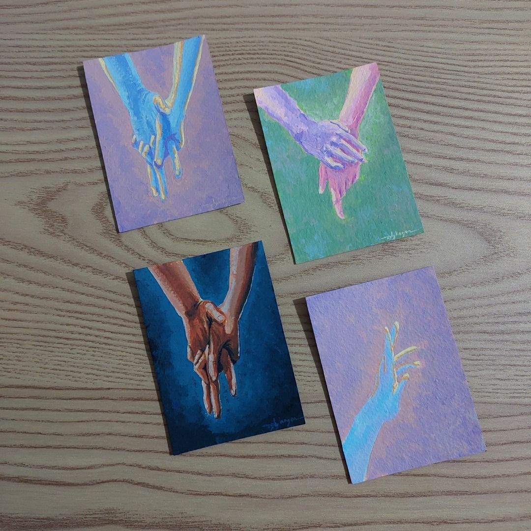 ACEO miniature dramatic romantic holding hands original art card (Category: Art & Prints) located in Rodriguez. Submitted by zylykagen (Listing ID 1463949259, Image 2). Description: ACEO Hands series 2, 2/3 Perfect for the lovers and the yearners ✨ Handpainted on archival paper ✨ Acrylic ✨ All original concepts ✨ 2.5 × 3.5 inches/ 63.5 × 88.9 mm (pokemon card size) ✨ signed at the back You'll get the original painting Not a print ONLY ONE PIECE. 