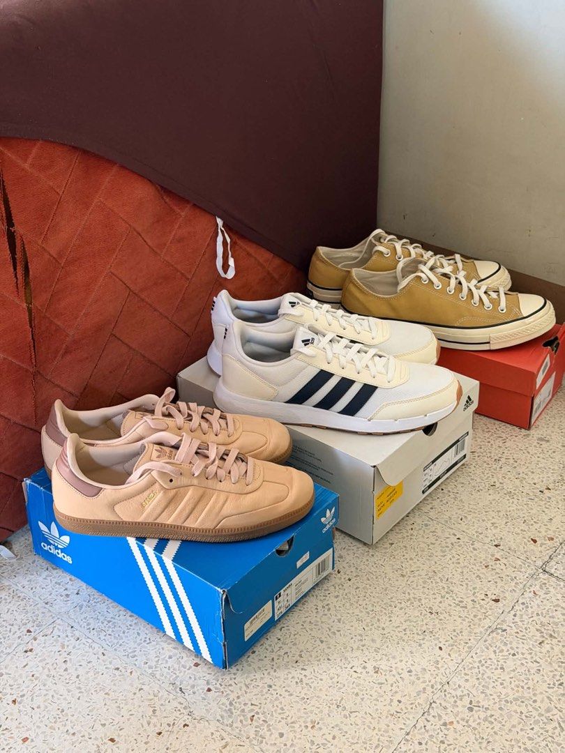 Adidas & Converse Sneakers | Package Deal (Category: Sneakers) located in Las Pinas. Submitted by luisbacani (Listing ID 1463949157, Image 1). Description: - All items are ORIGINAL / AUTHENTIC and purchased out of the country (Dubai 🇦🇪 and USA 🇺🇸) - RFS: Decluttering Adidas Originals Samba Colorway: Clay Gum - Olive Strata / Shadow Olive / Gum US Men Size 9.5 Condition: 8/10 Price: Php 4,500.00 Adidas RUN 50S Colorway: White/Beige with Navy B