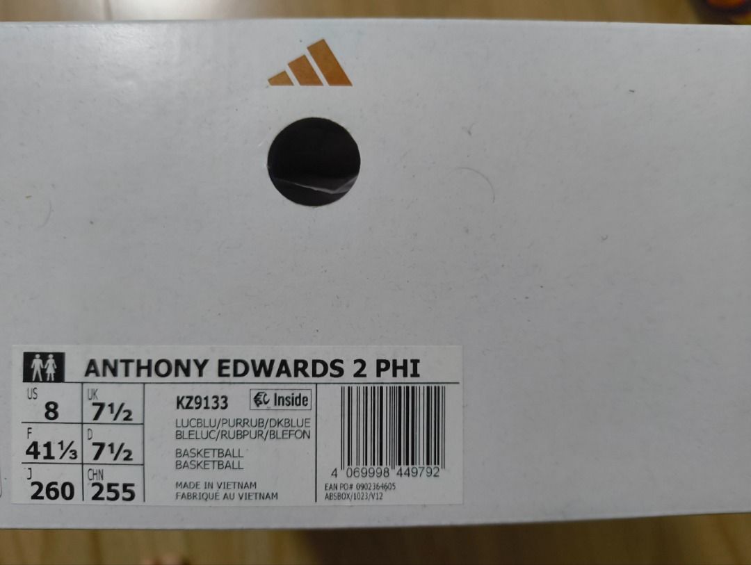 Adidas Anthony Edwards 2 Phi Basketball Shoes (Category: Sneakers) located in Caloocan City. Submitted by phonsoswag43227 (Listing ID 1464071218, Image 3). Description: Title: Brand New adidas Anthony Edwards 2 PHI - US 8 Price: ₱7,000 (Negotiable) Condition: Brand New Description: Selling a brand new, never-used pair of adidas Anthony Edwards 2 PHI. • Size: US 8 / Mens • Colorway: Lucid Blue/Purple/Dark Blue • Condition: 10/10, completely brand 