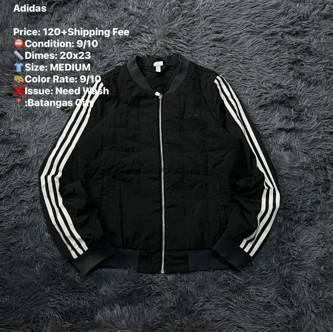 Adidas Bomber Jacket Medium Black White Stripes (Category: Coats, Jackets and Outerwear) located in Batangas. Submitted by jaylord_g (Listing ID 1464111544, Image 1). Description: - Adidas bomber jacket - Color: Black with white stripes - Size: Medium - Measurements: 20" (width) x 23" (length) - Color condition: 9/10 - Note: Item needs a wash - Location: Batangas City.