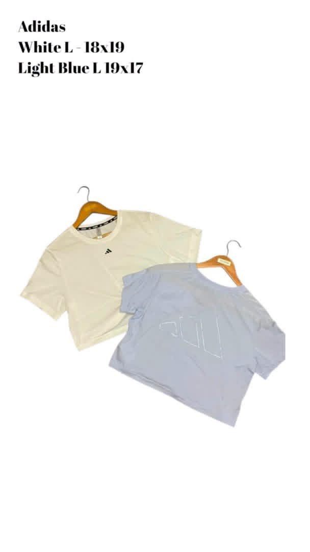Adidas Cropped T-shirts (White & Light Blue) (Category: Shirts) located in Manila. Submitted by lee_23 (Listing ID 1464024122, Image 1). Description: Dimes - L 19x17 - light blue 18x19 -white.