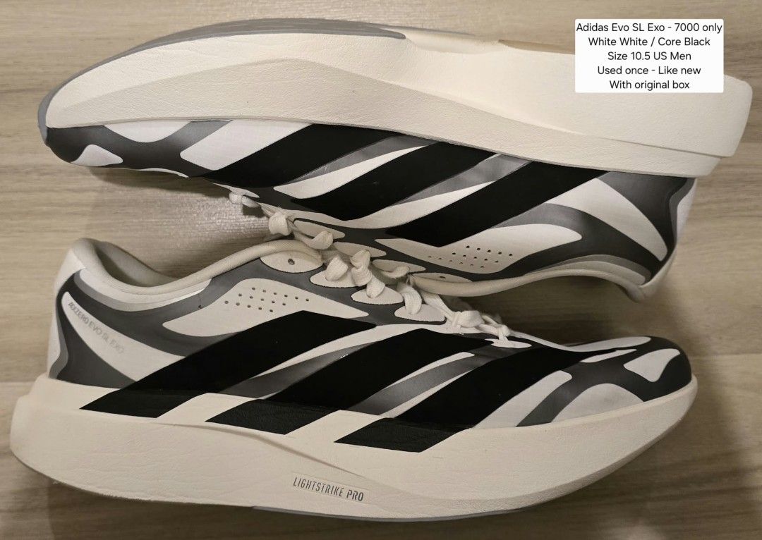 Adidas Evo SL Exo (Category: Sneakers) located in Mandaluyong City. Submitted by iamkornik (Listing ID 1464026908, Image 1). Description: - Adidas Adizero Evo SL Exo - Color: White and black striped design - Cushioning: Lightstrike Pro - Size: 10.5 US Men - Condition: Worn only once (like new) - Includes: Original box.