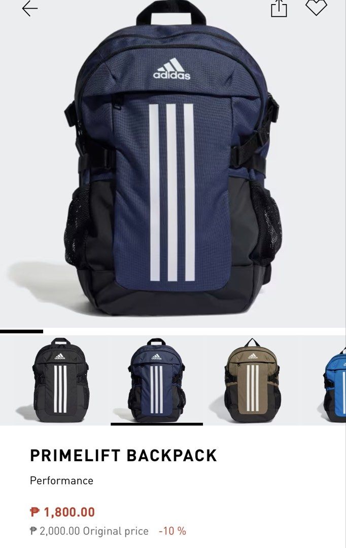 Adidas Primelift Backpack Navy Blue (Category: Backpacks) located in Meycauayan. Submitted by ranastridran (Listing ID 1464125910, Image 1). Description: - Adidas backpack in navy blue - Classic three stripes on the front - Multiple compartments for storage - Side mesh pockets for water bottles or essentials - Adjustable straps for a comfortable fit - Ideal for school, gym, or everyday use.