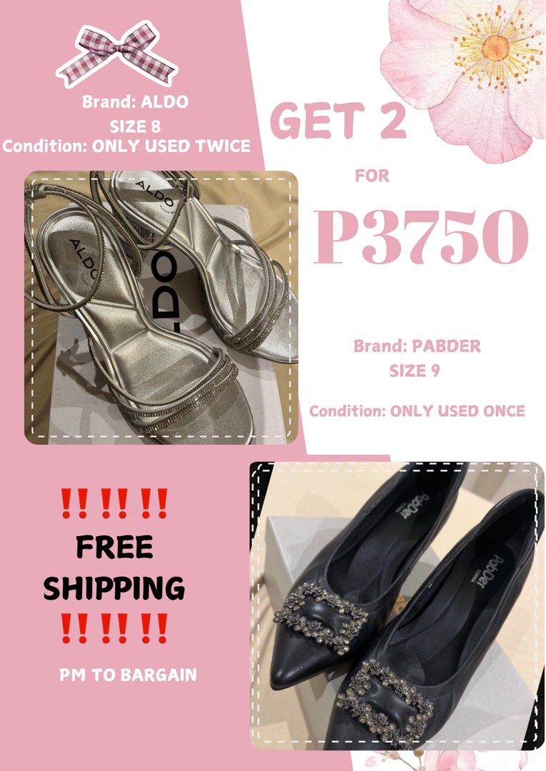 ALDO Heels & PABDER Flats Bundle (Category: Heels) located in Las Pinas. Submitted by francesaly (Listing ID 1463973364, Image 1). Description: - Bundle Deal: 2 pairs of shoes for P3750! NAGOTIABLE - Includes: Silver ALDO heels (Size 8, used twice) - Includes: Black PABDER flats (Size 9, used once) - Free Shipping Nationwide! - PM to bargain. Great value for stylish footwear..