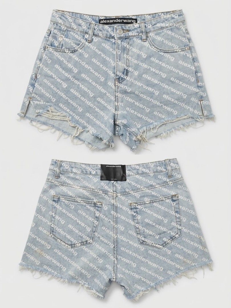 Alexander Wang All-Over Logo Denim Shorts (Category: Shorts) located in Caloocan City. Submitted by silverdragon_aaed38 (Listing ID 1464000809, Image 1). Description: - Light wash denim shorts - All-over Alexander Wang logo print - Frayed hem and distressed details - Classic five-pocket styling - Button and zip fly closure - Perfect statement piece for casual outfits Details - W28 / 30 - L15 - No issue 450 +sf.