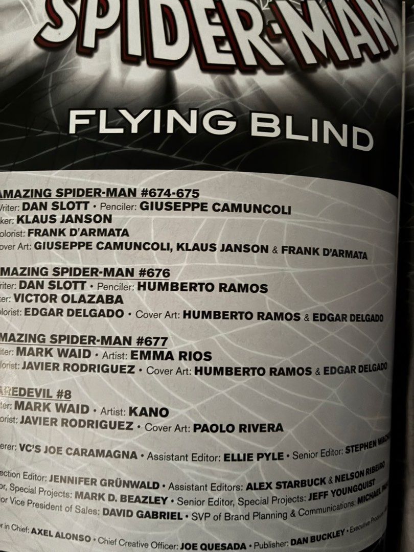 Amazing Spider-Man: Flying Blind TPB (Category: Comics & Manga) located in General Mariano Alvarez. Submitted by spiderwebs3 (Listing ID 1464133087, Image 2). Description: The Amazing Spider-Man: Flying Blind TPB - Collects issues #674-677 of Amazing Spider-Man and Daredevil #8 - Written by Dan Slott, Mark Waid, and Javier Rodriguez - Artwork by Giuseppe Camuncoli, Humberto Ramos, and Emma Rios Bag and Boarded 120 pages Trade Paperback.