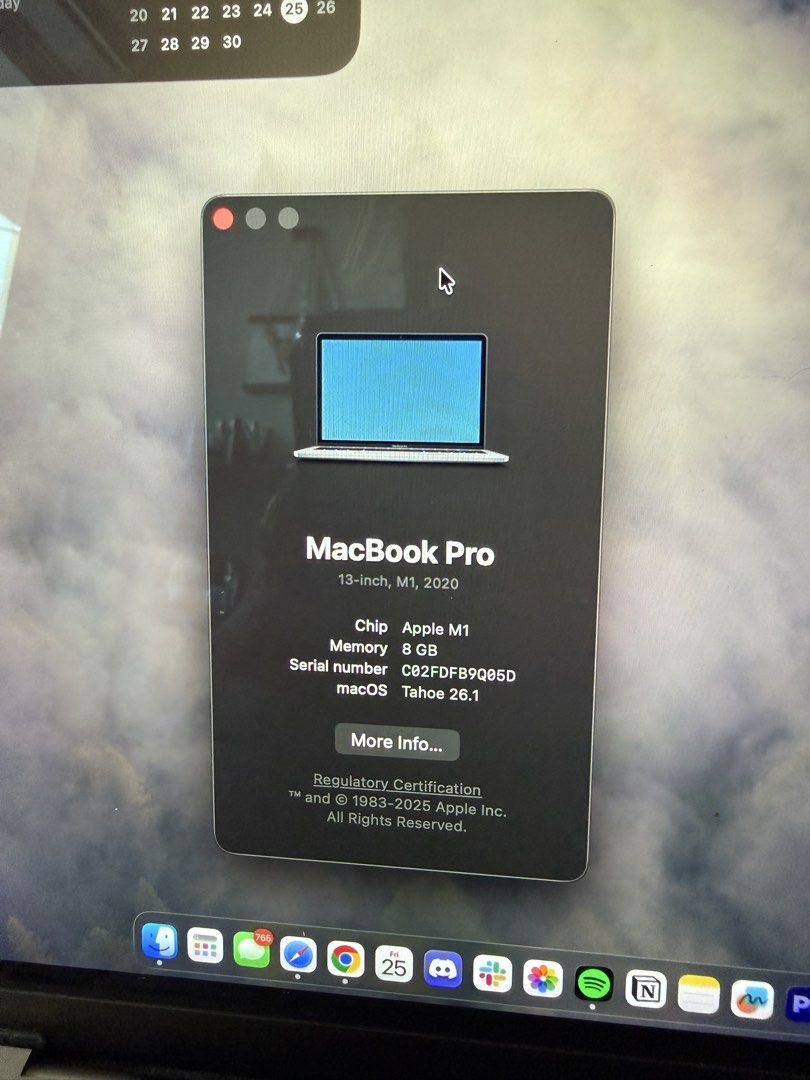 Apple MacBook Pro 13-inch M1, 2020 (Category: Laptops & Notebooks) located in Manila. Submitted by jiohmaru (Listing ID 1463995749, Image 3). Description: - MacBook Pro 13-inch - M1 Chip - 8GB RAM - macOS Monterey - Battery Health: 83% - Minor scuffs on corner (as pictured) - Fully functional - Includes original charger.