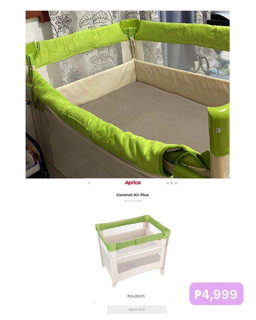 Aprica Coconel Air Plus Baby Cot (Category: Cots & Cribs) located in San Leonardo. Submitted by siobhanslittlecloset (Listing ID 1464103206, Image 1). Description: - Aprica Coconel Air Plus baby cot - Ideal for naps and playtime - Simple setup and folding mechanism - Comes with a mattress pad.