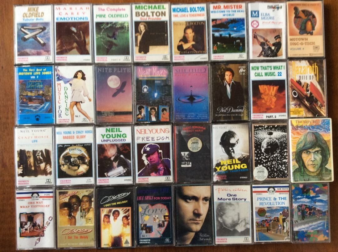 Assorted 80s & 90s Cassette Tapes - Various Artists - 5 (Category: CDs & DVDs) located in Silang. Submitted by lawrencenorthey (Listing ID 1463942606, Image 1). Description: - Cassette Tapes are priced at 140 PHP each - Collection of 80s & 90s cassette tapes - Artists include: Mike Oldfield, Mariah Carey, Michael Bolton, Neil Young, and more - Features compilation albums like 'Now That's What I Call Music' - Ideal for retro music enthusiasts and 
