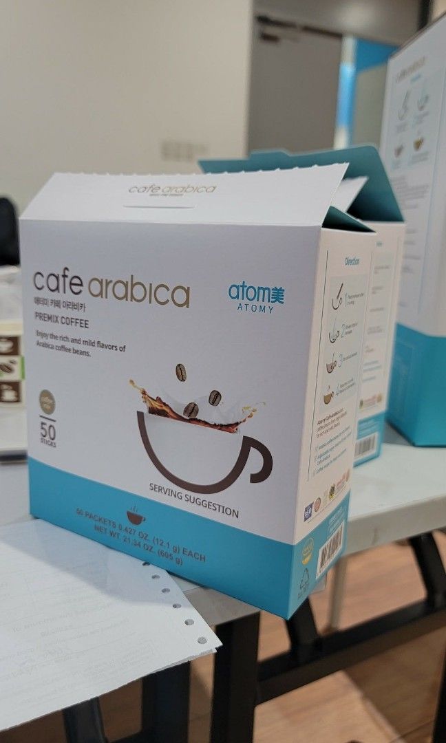 Atomy cafe Arabica premix coffee (Category: Beverages) located in Manila. Submitted by mymode2026 (Listing ID 1463967782, Image 1). Description: rich and mild flavors of Arabica coffee beans.