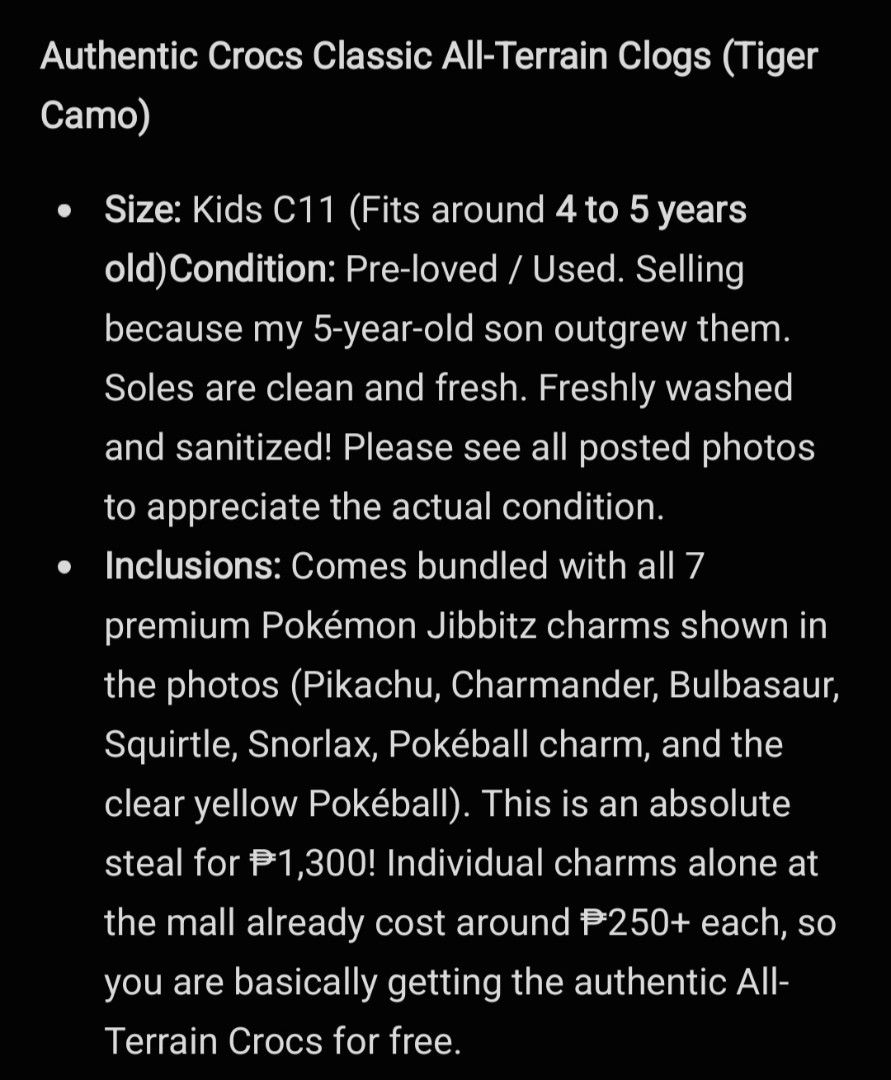 Authentic Crocs Classic All-Terrain Clogs (Tiger Camo) (Category: Babies & Kids Fashion) located in Manila. Submitted by closetbyandy (Listing ID 1464135856, Image 2). Description: ✨please READ before making an inquiry and placing your order(s) to avoid misunderstanding 📍I will not entertain inquiries or orders from accounts with a history of negative reviews (buyer or seller). This policy protects both my shop's reputation and my experience as 