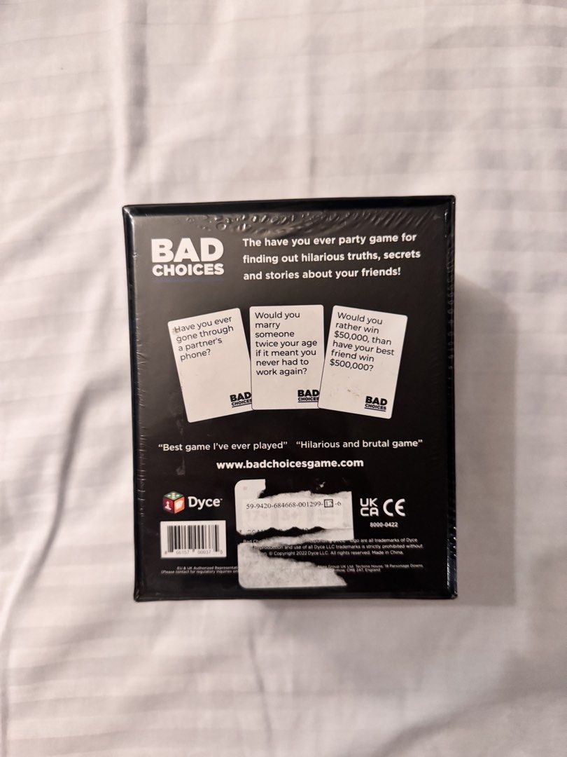 Bad Choices Card Game (Category: Board Games & Puzzles) located in Manila. Submitted by reesespiecess (Listing ID 1464052858, Image 2). Description: - brand new, never opened - fun drinking game to play with friends! - srp: ₱550.