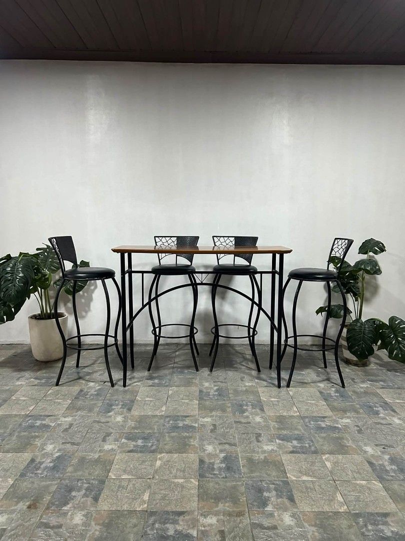 Bar Table with high chair (Category: Tables & Sets) located in Meycauayan. Submitted by marygracecasimiro (Listing ID 1464078772, Image 1). Description: Imported Bar Table n Bar Chairs from Japan P20,800 lang mga Suki 47x18x38in/ Bar Table 40x30x14in/ Bar Chairs Complete Set Solid Wood Bar table 4pcs Bar Chairs Leather Padded Heavy duty No issue Good Condition Minor Scratch From Japan ♥️ #bartable #BarChairs #SURPLUS #Japan #angelescity #Pampanga