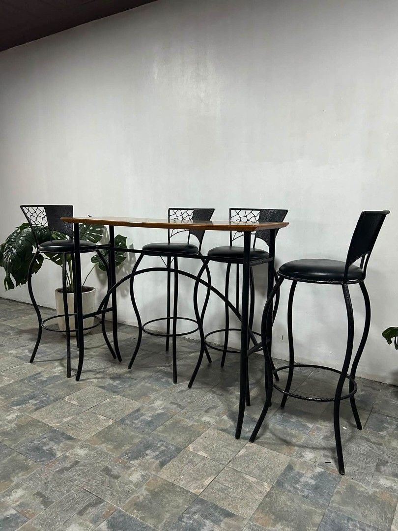 Bar Table with high chair (Category: Tables & Sets) located in Meycauayan. Submitted by marygracecasimiro (Listing ID 1464078772, Image 3). Description: Imported Bar Table n Bar Chairs from Japan P20,800 lang mga Suki 47x18x38in/ Bar Table 40x30x14in/ Bar Chairs Complete Set Solid Wood Bar table 4pcs Bar Chairs Leather Padded Heavy duty No issue Good Condition Minor Scratch From Japan ♥️ #bartable #BarChairs #SURPLUS #Japan #angelescity #Pampanga