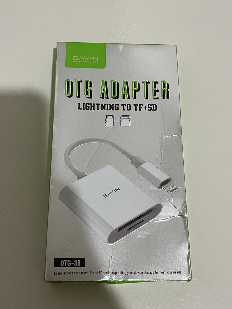 BAVIN OTG Adapter Lightning to TF/SD Card Reader OTG-38 (Category: Cables & Adaptors) located in Alburquerque. Submitted by yvesarchives (Listing ID 1464064269, Image 1). Description: - BAVIN OTG Adapter (Model OTG-38) - BRAND NEW NEVER USED - rfs: accidentally bought lightning (ip15 user po ako).