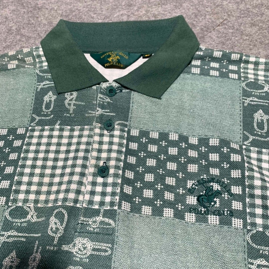 Beverly Hills Polo Club (Category: Tshirts & Polo Shirts ) located in Bislig. Submitted by rndm_stff1 (Listing ID 1464125383, Image 3). Description: Classic vintage BHPC short sleeve polo featuring an all-over patchwork pattern incorporating green gingham checks, nautical rope knots, geometric micro-prints, and solid panels. Finished with a solid green ribbed collar and iconic embroidered logo on the chest. Details: - Brand: Beverly Hills Polo Cl
