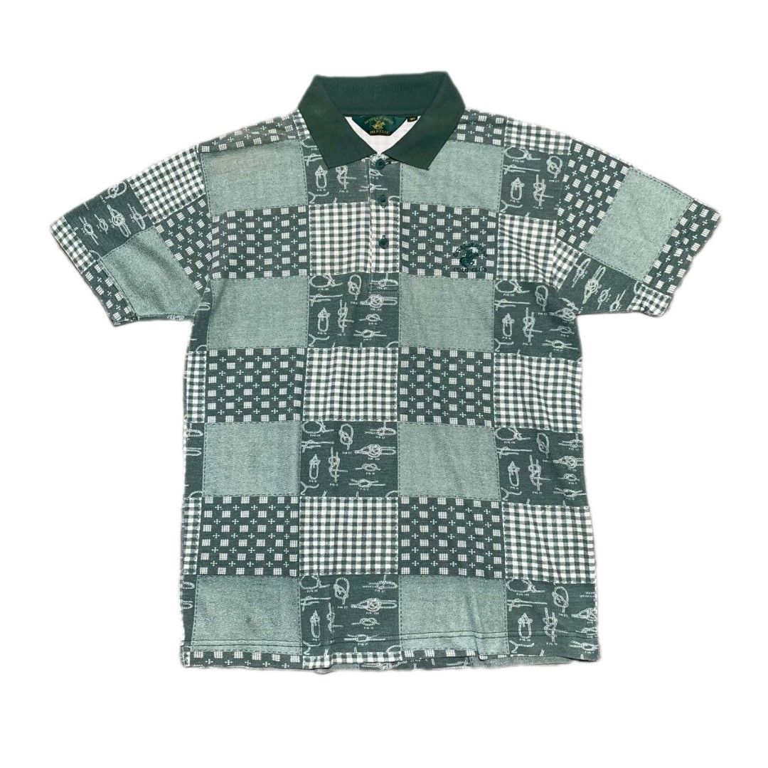 Beverly Hills Polo Club (Category: Tshirts & Polo Shirts ) located in Bislig. Submitted by rndm_stff1 (Listing ID 1464125383, Image 1). Description: Classic vintage BHPC short sleeve polo featuring an all-over patchwork pattern incorporating green gingham checks, nautical rope knots, geometric micro-prints, and solid panels. Finished with a solid green ribbed collar and iconic embroidered logo on the chest. Details: - Brand: Beverly Hills Polo Cl