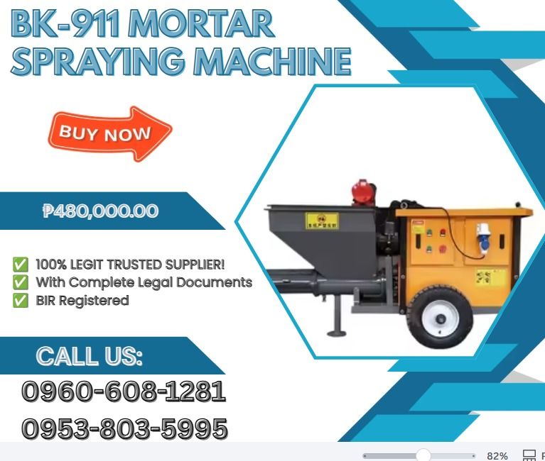 BK-911 Mortar spraying machine (Category: Everything Else Others) located in Caloocan City. Submitted by 09945233960 (Listing ID 1463943532, Image 1). Description: ●"Capacity:6m3/hr ●Spraying speed:200m2/hr ●Working pressure :3MPa ●Horizontal conveying distance :60m ●Vertical conveying distance:30m ●Main motor power:7.5kw+3kw,380v ●Screw speed:200--600RPM ●Hose size :13mm ●Aggregate size:7mm ●Internal diameter of pipe:25/32mm Air ●compressor(opti