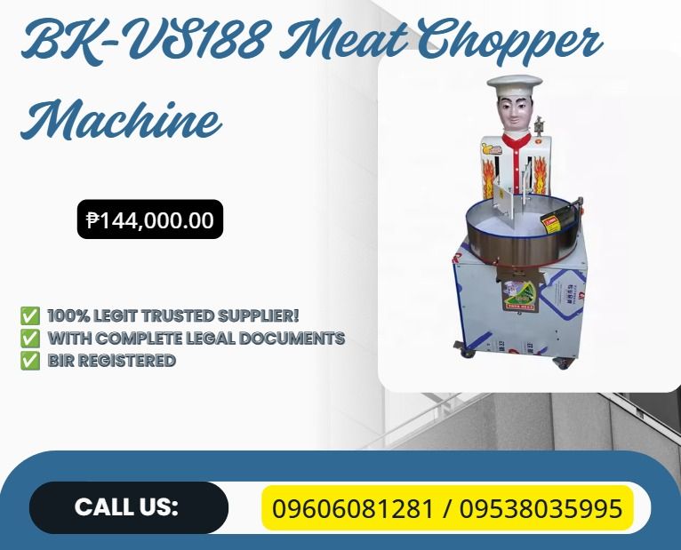 BK-VS188 Meat Chopper Machine (Category: Everything Else Others) located in Caloocan City. Submitted by 09513227950 (Listing ID 1463943640, Image 1). Description: ●Model:BK-VS188 ●Production:35kg/h ●Voltage:220V/50HZ ●Power:1.5kw ●Machinery Weight:150kg ●Dimension:700*600*1200mm" .