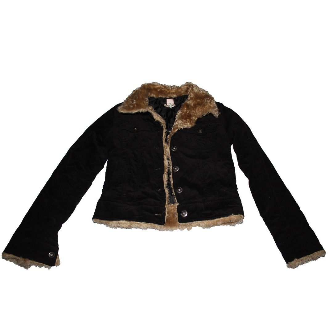 Black Corduroy Fur Trimmed Jacket (Category: Coats, Jackets and Outerwear) located in Tanauan. Submitted by arlene_panganiban (Listing ID 1463998078, Image 1). Description: - Cute black corduroy jacket - Fuzzy brown trim - Buttons up the front - Soft lining inside - Slightly flared sleeves - Ideal for cooler weather - Slightly torn inside.