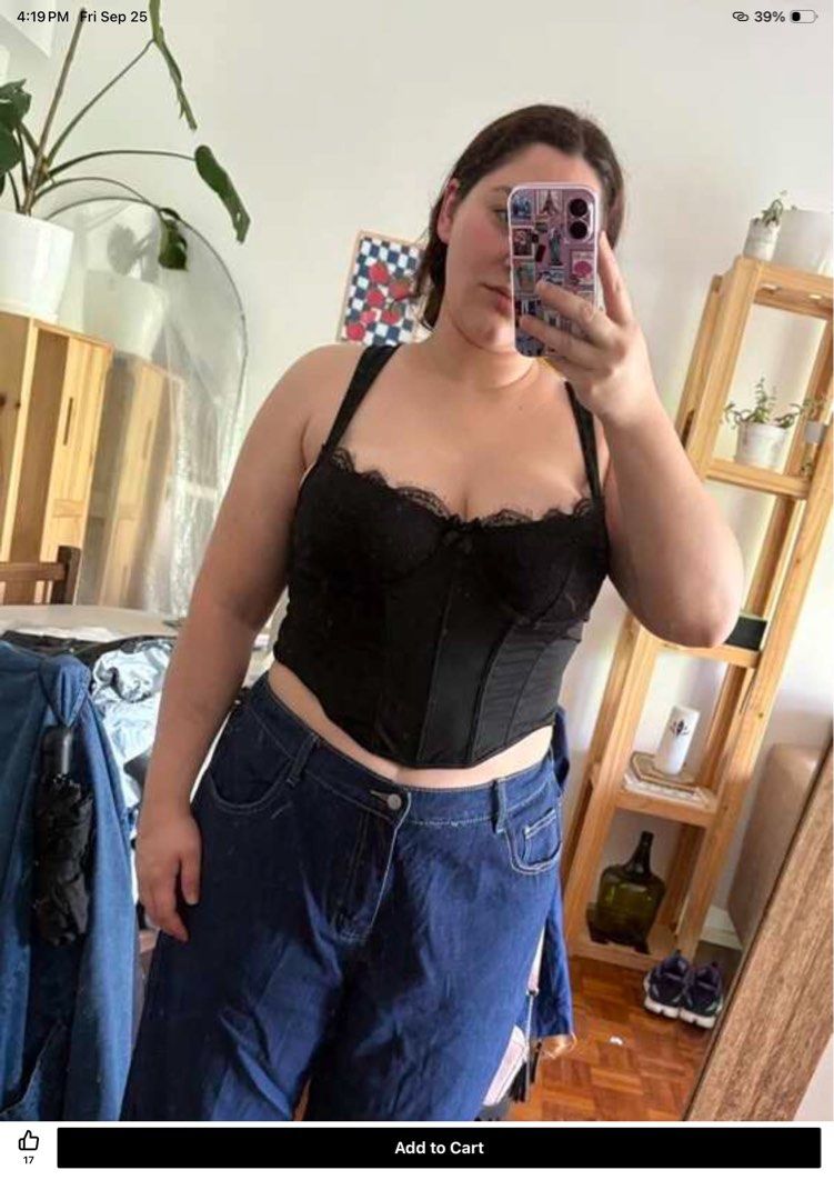 Black Lace Trim Corset Top with Straps Plus Size (Category: Sleeveless) located in Manila. Submitted by katehannie (Listing ID 1464005764, Image 1). Description: - Bust: 40 in, Waist: 32-37 - Black corset top, Stretchy fabric with Boning - Lace trim along the bust - Adjustable straps - Hook-and-eye closure at the back - Flattering silhouette - Party top, corset, formal - Perfect for dressing up or down, pairs well with jeans or leather pants.