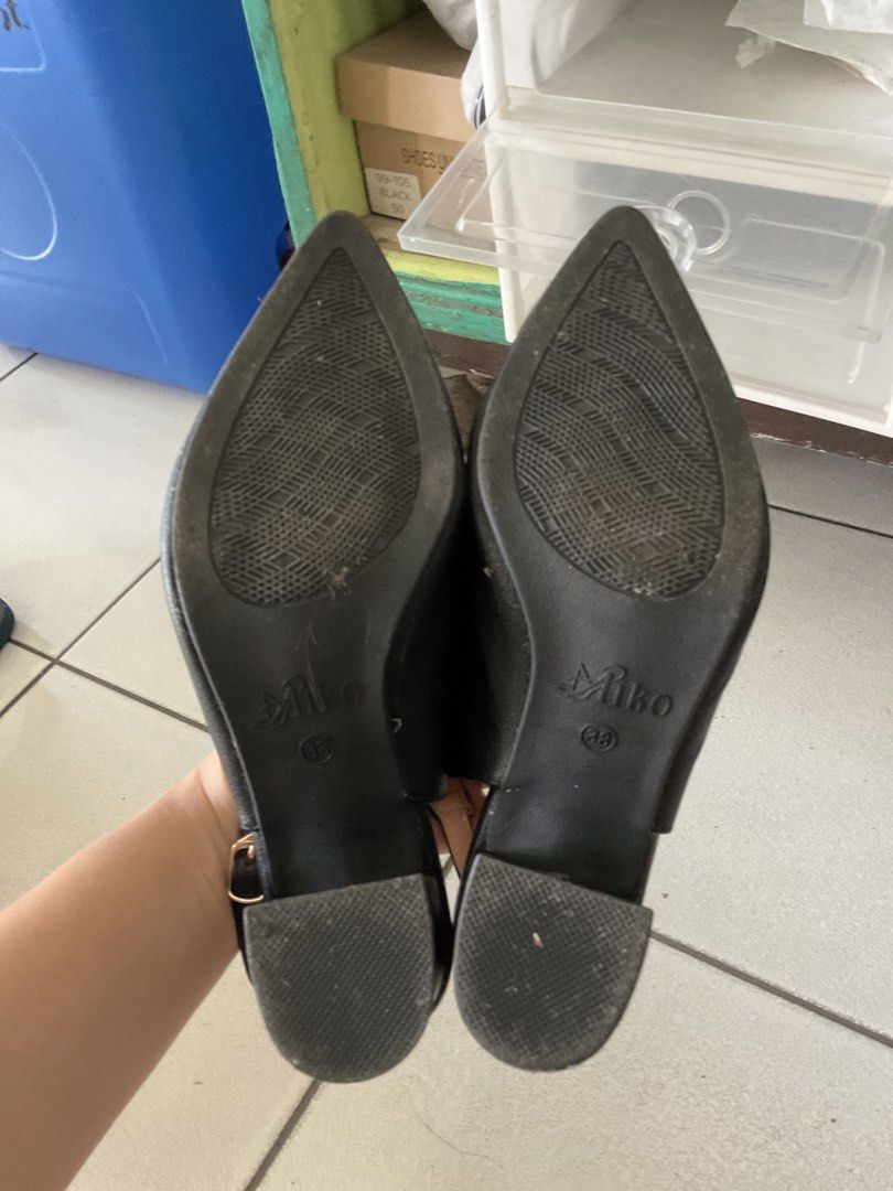 Black Pointed Toe Slingback Heels Size 38 (Category: Heels) located in Pasig City. Submitted by alaineeeee (Listing ID 1463982280, Image 3). Description: - Used only twice - Style: Black pointed toe slingback heels - Heel Type: Low block heel - Features: Adjustable ankle strap with buckle closure - Comfort: Comfortable for daily wear - Size: 38 - Condition: Minor scuffs on soles from normal wear.