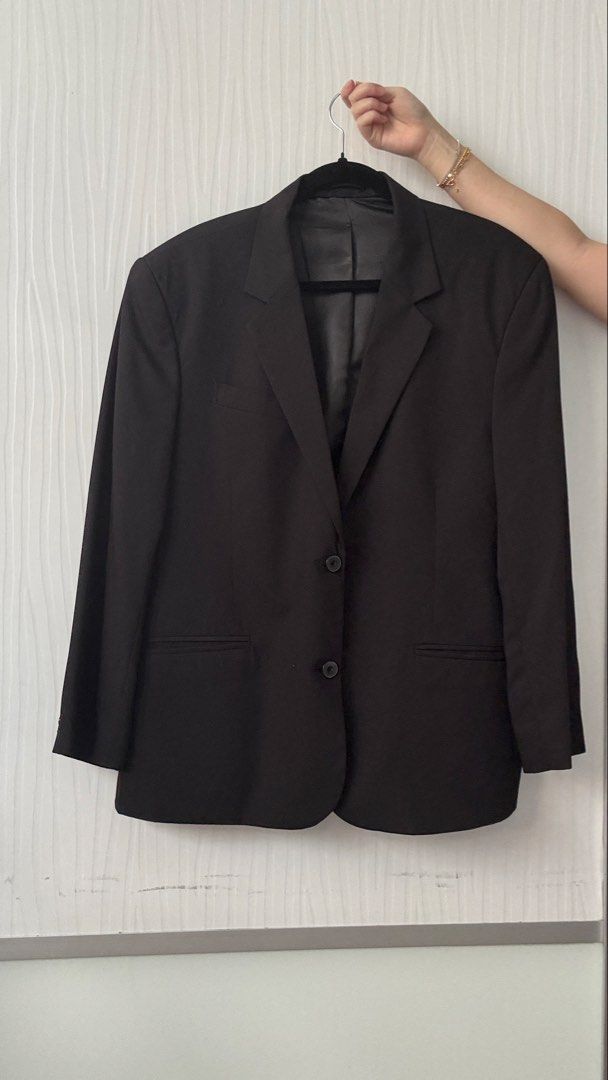 Black Suit Blazer (Category: Coats, Jackets and Outerwear) located in Quezon City. Submitted by shoppingcl (Listing ID 1463950688, Image 1). Description: • Worn once • Length: 30 inches, Width: 20 inches, Sleeve Length: 23.5 inches, Shoulder Width: 20 inches.