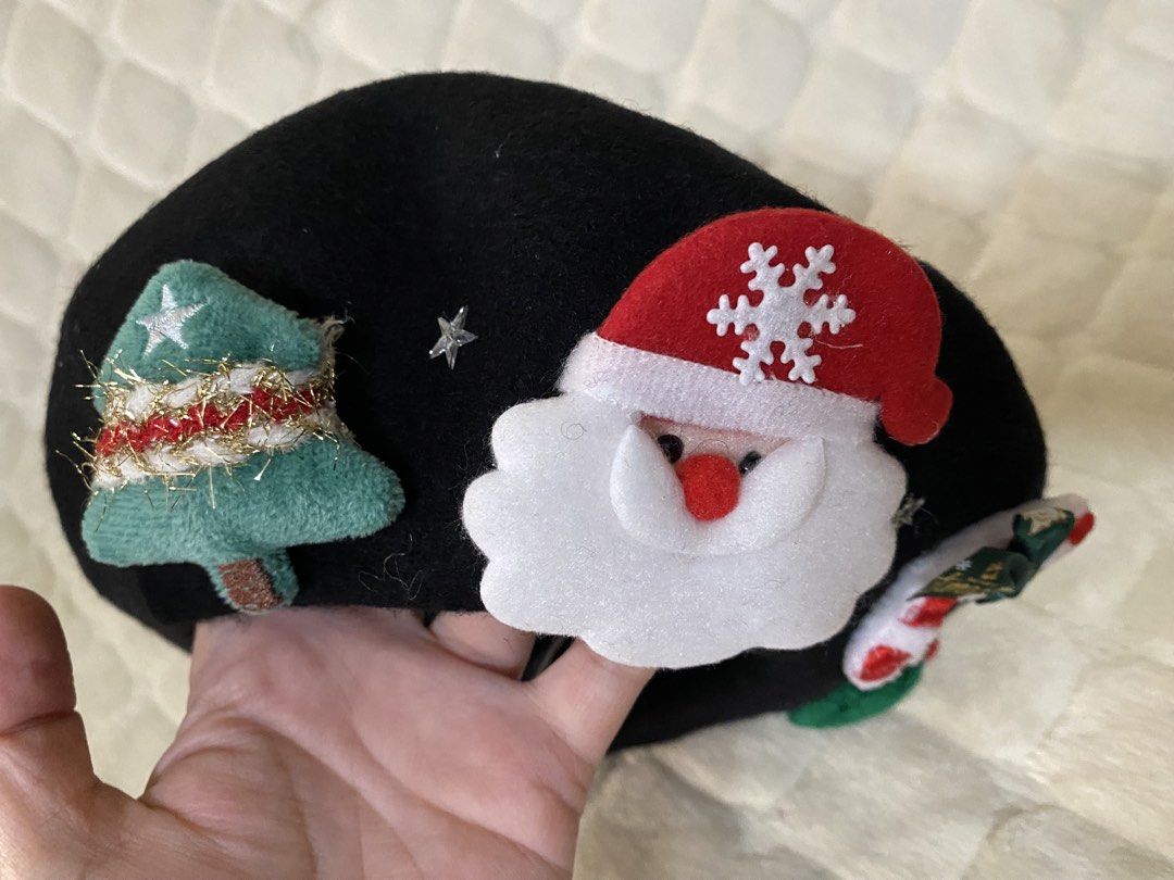 Black Wo Beret with Christmas Decorations (Category: Coats, Jackets and Outerwear) located in Baguio. Submitted by SweetRepeat (Listing ID 1463956022, Image 3). Description: - Cute black beret - Festive Christmas patches: Santa, candy cane, Christmas tree - Great for holiday parties - Adds fun to any outfit - One size fits most - Perfect for the holiday season!.