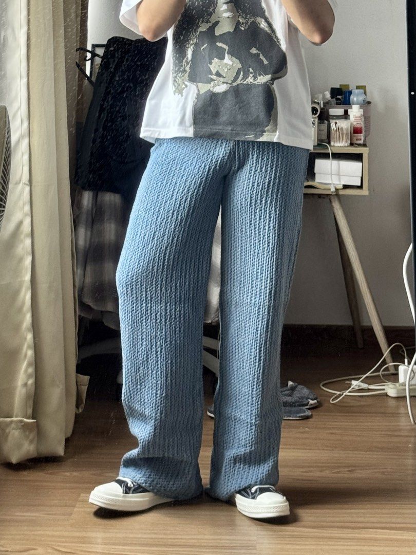Blue Textured Denim Wide Leg Jeans (Category: Jeans) located in Makati City. Submitted by yellowjacketangel (Listing ID 1463973118, Image 2). Description: Light blue jeans with a textured vertical stripe pattern. High-waisted with a wide leg fit. Great for pairing with sneakers or sandals. Waist size: 28-29 📍Makati Sf via: Lala/Grab/J&T.