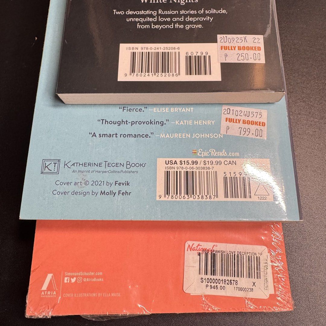 BOOKTOK BOOKS (Category: Storybooks) located in Caloocan City. Submitted by youknowuloveme (Listing ID 1464103220, Image 2). Description: BOOKTOK BOOKS FOR SALE! The Spanish Love Deception (Sealed) - 400 (orig price 945) Not Here to be liked- 700 (orig price 799) White Nights - SOLD Loc: south caloocan MOP: Gcash or Maribank MOD: Lalamove or J&T.