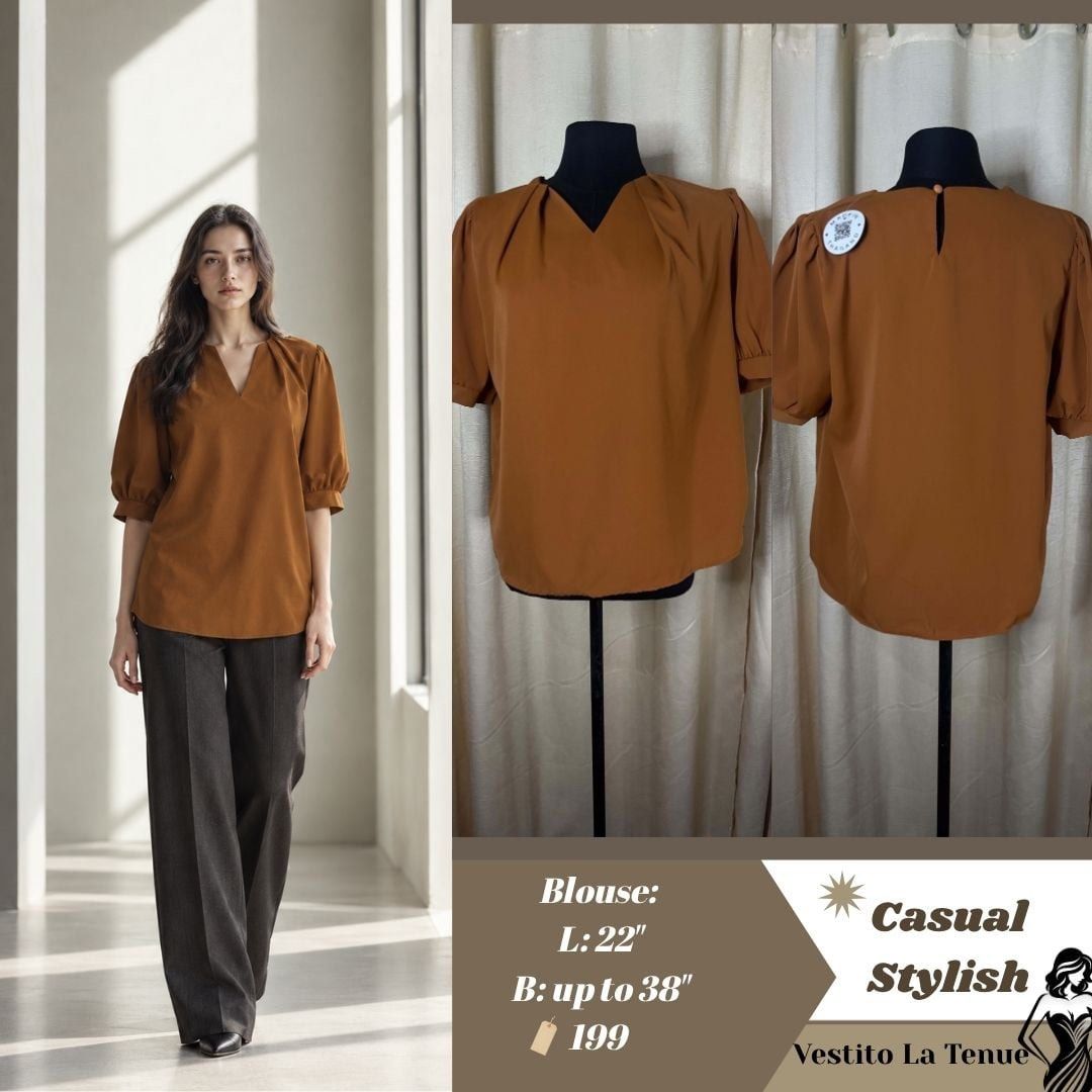 Brown V-neck Puff Sleeve Blouse (Category: Blouses) located in Cainta. Submitted by vestito_bestida (Listing ID 1464000026, Image 1). Description: ⛔️ACTUAL PHOTO POSTED⛔️ 👉 Brandnew 👉 Brown V-neck blouse 👉 Puff sleeves 👉 Button closure at the back 👉Size L (fits up to 38" bust) 👉Length: 22" 👉 Size: free size 👉 Casual and stylish 👉 Perfect for everyday wear 👉 Flatlay measured using medida 👉 Actual photo posted. 👉 No filter. Colors may v