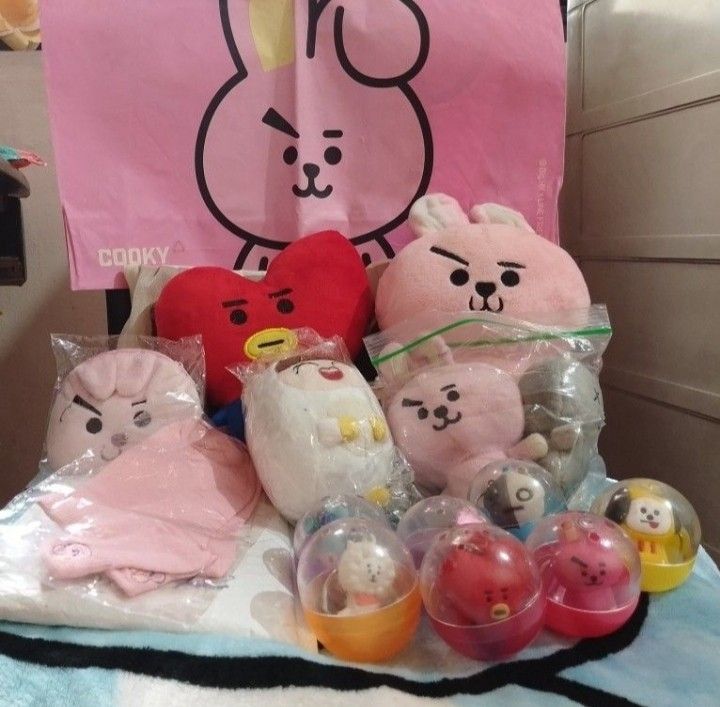 BTS COLLECTION (Category: Plushies & Soft Toys) located in Manila. Submitted by kiaralanachua (Listing ID 1463988415, Image 1). Description: BTS/BT21 Bundle Sale ++ Contents: Koya Towel 1 Kookie Plushie 1 Tata Plushie 1 Kookie Tiny Plushie Keychain 1 Van Tiny Plushie Keychain 1 Mang Tiny Plushie Keychain BT21 Keychains (8 pcs) Drawstring Bag 1 Kookie Socks 1 Kookie Wallet BT21 Ballpens (8 pcs, no ink) Shookie Mini Comb & Mirror ΑΞ Freebies: BTS P