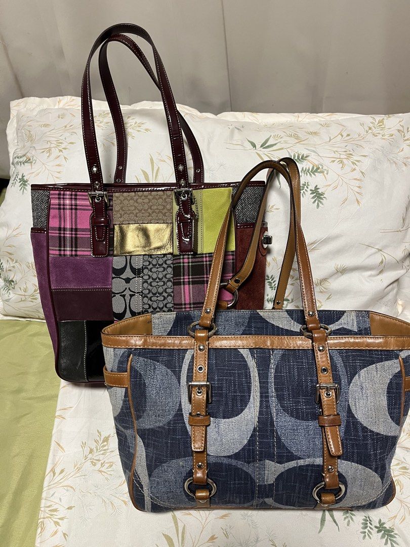 BUNDLE!! Coach Patchwork & Signature Denim Tote Bags (Category: Tote Bags) located in Cabanatuan. Submitted by designerdepot.c (Listing ID 1464075310, Image 1). Description: - Set of 2 authentic Coach totes - Colorful patchwork tote with leather trim - Signature C denim tote with leather accents - Both feature convenient top handles - Ideal for everyday errands or travel adventures.