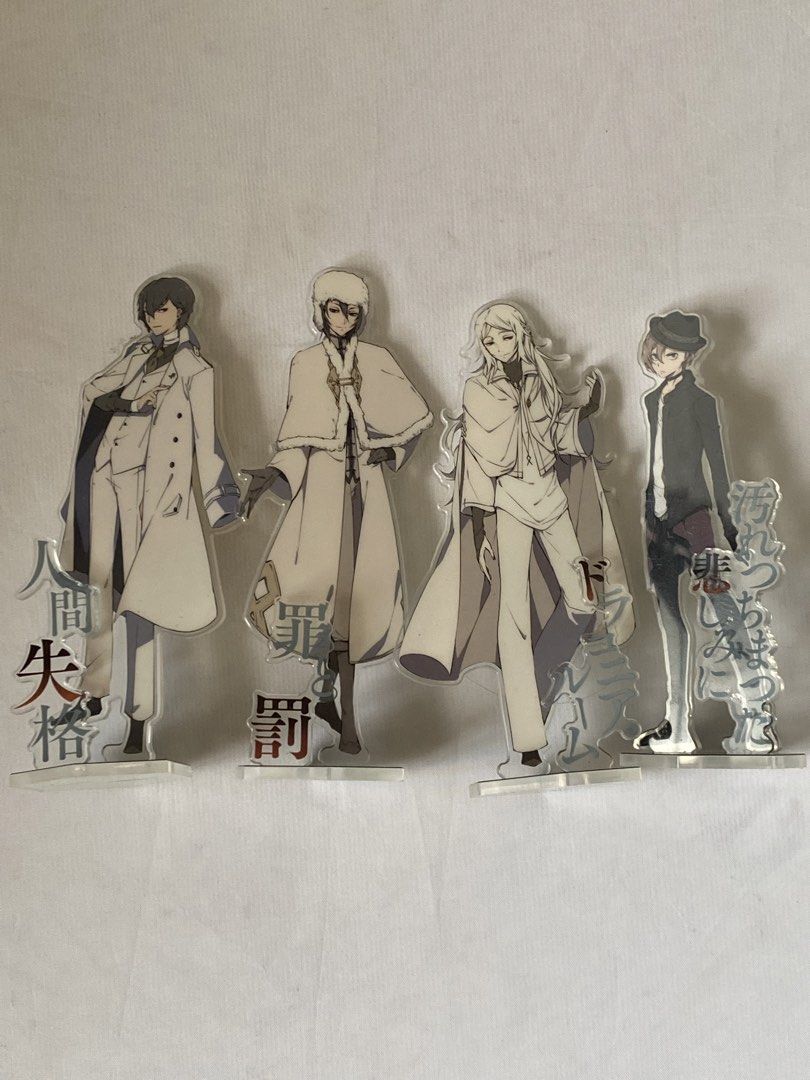 Bungo Stray Dogs Acrylic Standees Set (Category: Character Goods) located in Davao. Submitted by hoowans_surplus (Listing ID 1463987065, Image 1). Description: - Set of 4 Bungo Stray Dogs acrylic standees - Features unique designs for each character - Includes Dazai, Chuuya, and other characters - Perfect for desk or shelf display - Great collectible item for fans.