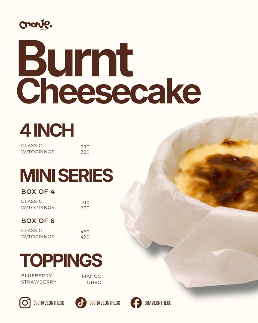 Burnt Cheesecake (Category: Chilled & Frozen Food) located in Quezon City. Submitted by xoxo.aiyon (Listing ID 1464103480, Image 1). Description: Pre-order pur burnt cheesecake.