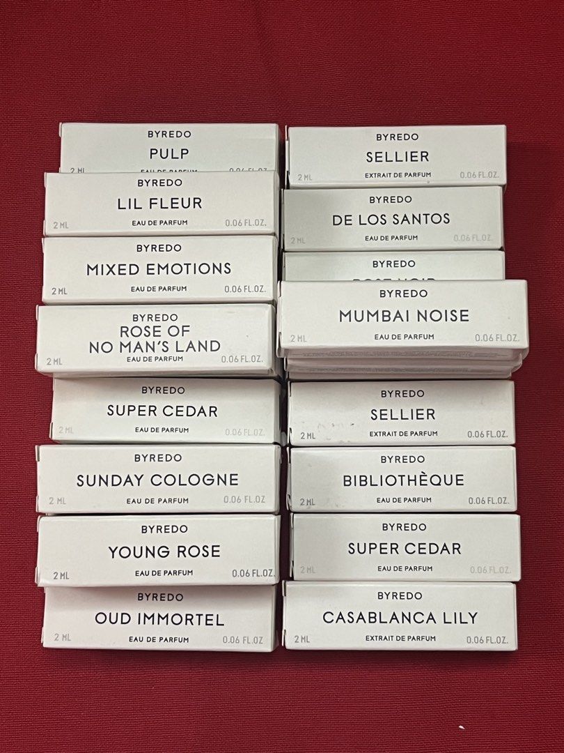 BYREDO ORIGINAL VIAL PER PIECE 2ML (Category: Fragrance & Deodorants) located in Manila. Submitted by luxeclassyshop (Listing ID 1463981069, Image 1). Description: PER SCENT PULP 1 LIL FLEUR 2 MIXED EMOTION 2 ROSE OF NO MAN’S LAND SUPER CEDAR 1 SUNDAY COLOGNE 2 YOUNG ROSE 2 OUD IMMORTEL 1 MUMBAI NOISE 3 DE LOS SANTOS ROSE NOIR 1 SELLIER 1 BIBLIOTHEQUR 1 SUPER CEDAR 1 CASA BLANCA LILY 1.