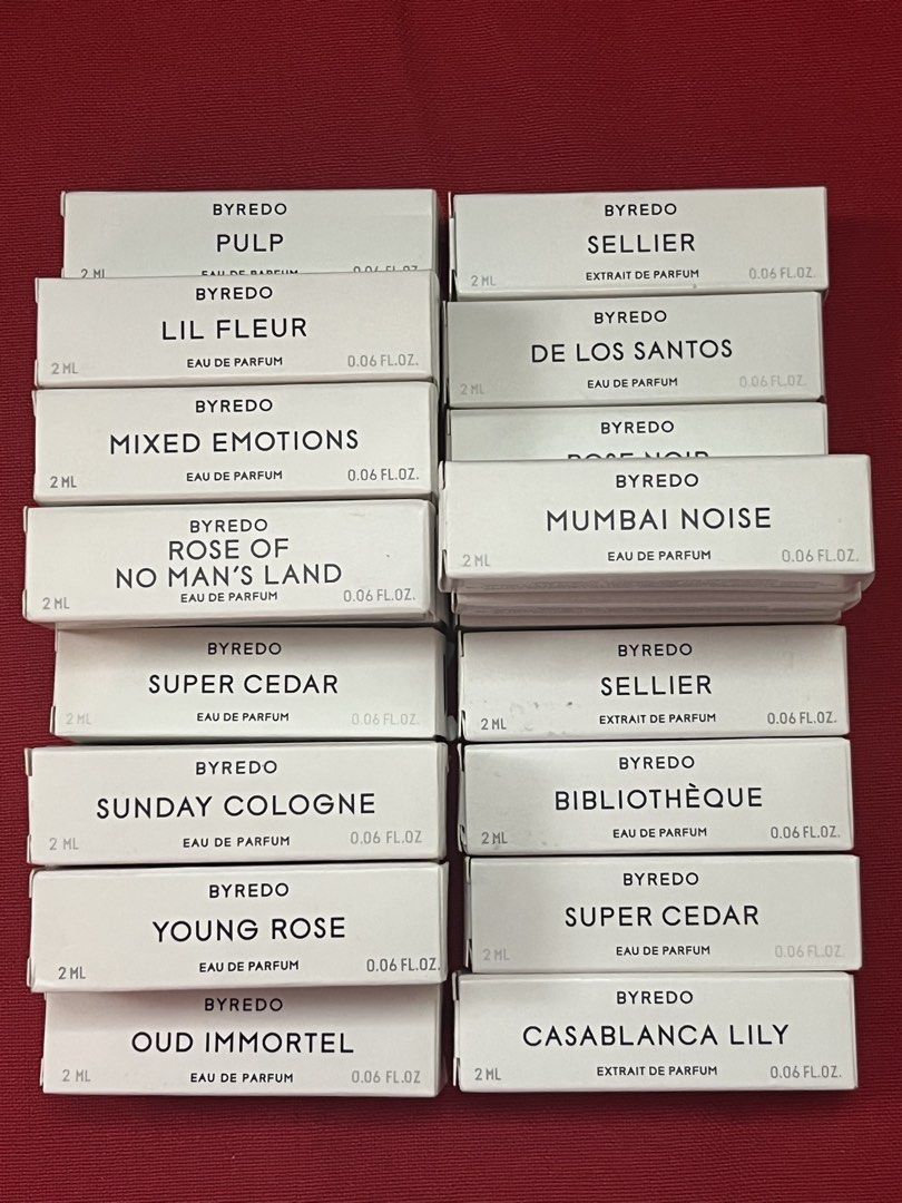BYREDO ORIGINAL VIAL PER PIECE 2ML (Category: Fragrance & Deodorants) located in Manila. Submitted by luxeclassyshop (Listing ID 1463981069, Image 2). Description: PER SCENT PULP 1 LIL FLEUR 2 MIXED EMOTION 2 ROSE OF NO MAN’S LAND SUPER CEDAR 1 SUNDAY COLOGNE 2 YOUNG ROSE 2 OUD IMMORTEL 1 MUMBAI NOISE 3 DE LOS SANTOS ROSE NOIR 1 SELLIER 1 BIBLIOTHEQUR 1 SUPER CEDAR 1 CASA BLANCA LILY 1.