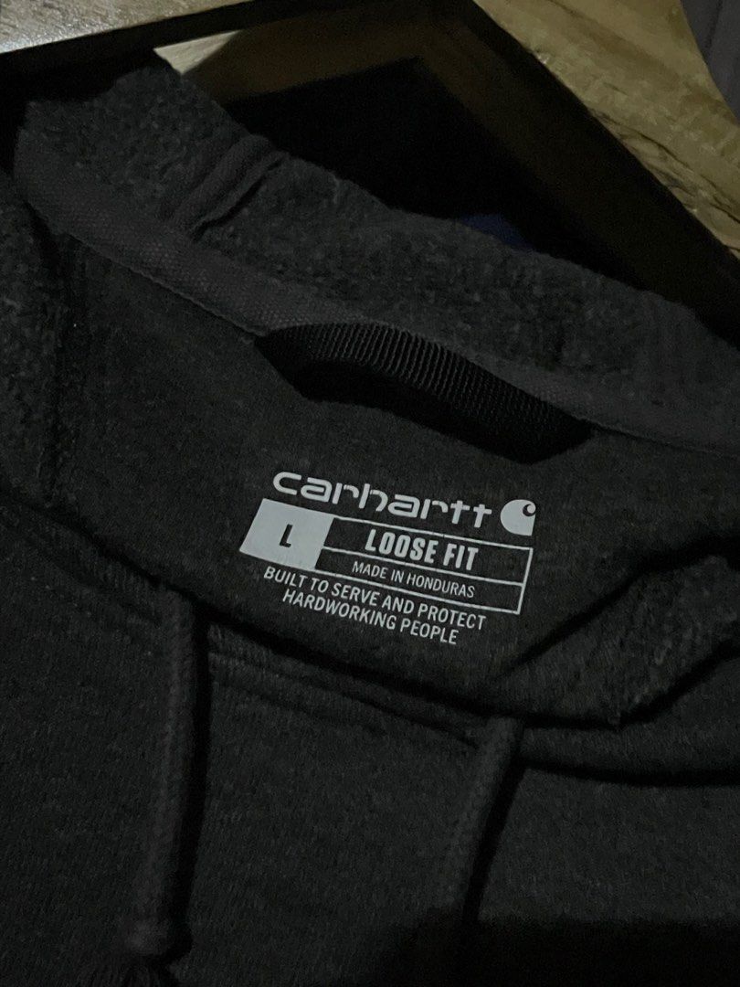 Carhartt (Category: Hoodies) located in Manila. Submitted by owner4garmen.story (Listing ID 1463956324, Image 3). Description: Carhartt Hoodie - CHARCOAL Side script Measurements (inches): Width: 26.5 Length: 30 Good condition Flaw(s): Minor lints Authentic.