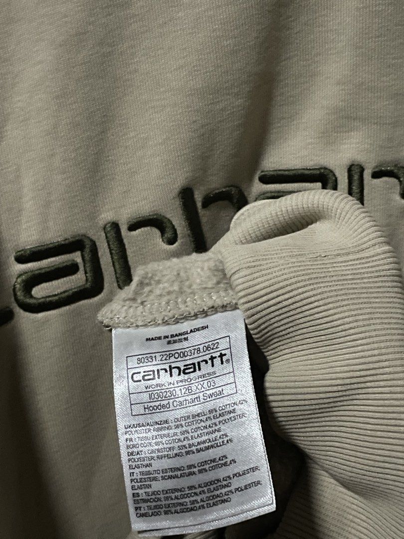 Carhartt (Category: Hoodies) located in Manila. Submitted by owner4garmen.story (Listing ID 1463957007, Image 3). Description: Carhartt Hoodie - CREAM Spellout (Work In Progress) Measurements (inches): Width: 26 Length: 27 Good condition Flaw(s): Discoloration/ Missing lace Authentic .