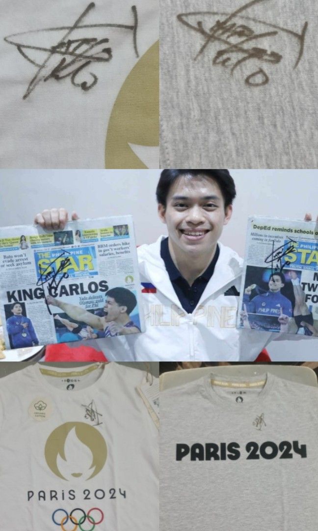Carlos Caloy Yulo signed Olympic shirt (Category: Other Merchandise) located in San Pedro. Submitted by alecRM (Listing ID 1464055403, Image 1). Description: 2-time Olympic Gold Medalist Carlos "Caloy" Yulo autographed 2024 Paris Olympics Official Shirt Was signed during his official Malacanang visit Shirts were bought from Paris, France during the olympics (shirts alone were P2000 each) *money back guarantee if proven faked signatures, pic with 