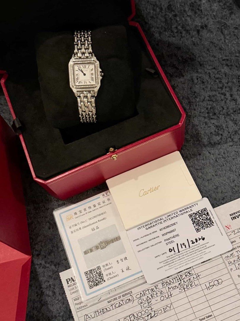 Cartier Medium Panthere Iced Out (Category: Luxury Watches) located in Santa Rosa. Submitted by aguilarsarah (Listing ID 1464096569, Image 1). Description: - Authentic Cartier Panthère Watch - Material: Stainless Steel - Movement: Quartz - Design: Ice-out (fully iced) - Condition: Beautiful timepiece - Inclusions: Original Box, International Warranty Card (dated 01/19/2026), Gem Identification Certificate - Serial Number: 4016390250EY - Reference