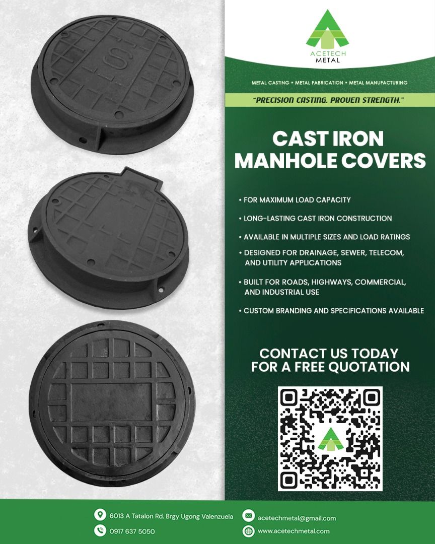 Cast Iron Manhole Cover & Trench Grating (Category: Construction & Building Materials) located in Valenzuela. Submitted by acetech_metal01_ (Listing ID 1463981014, Image 1). Description: AST IRON MANHOLE COVER & TRENCH GRATING ✔ Heavy-duty cast iron construction ✔ Available in various sizes and load ratings ✔ Custom sizes available upon request ✔ Suitable for residential, commercial & industrial projects ✔ Made to order 📌 PRE-ORDER ITEM Lead tim