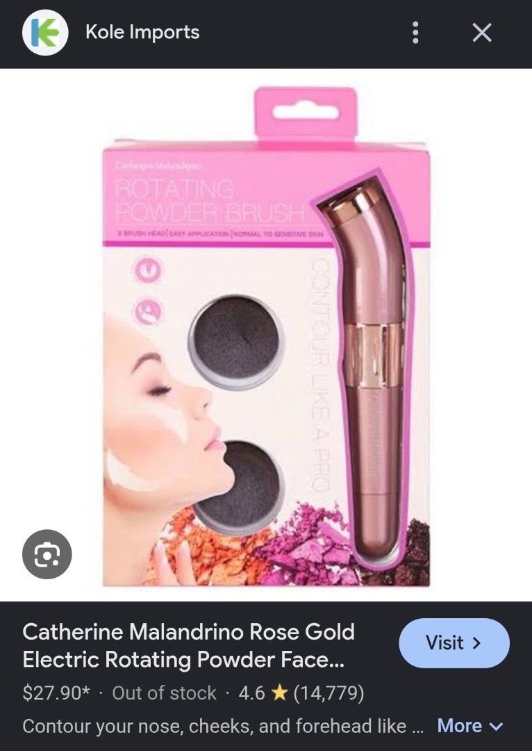 Catherine Malandrino Rotating Make Up Brush (Category: Makeup) located in Quezon City. Submitted by ladypetiteph (Listing ID 1464035047, Image 3). Description: - Achieve professional contouring with ease. - Includes 2 interchangeable brush heads. - Suitable for normal to sensitive skin. - Features 190 RPM rotating brush heads. - Antimicrobial and cruelty-free. - Designed for ultra-soft application. - Easy to clean with a damp towel. Retails at $2