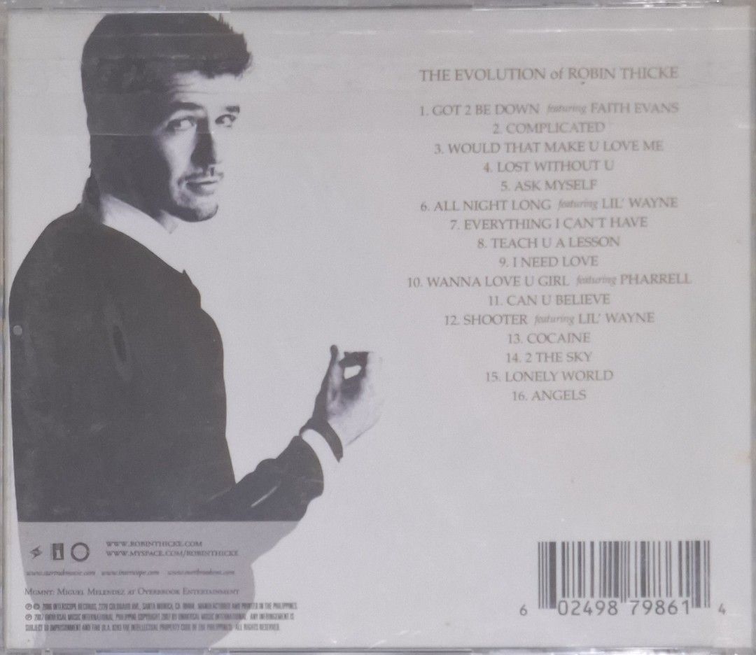 (CD) Robin Thicke: The Evolution Of Robin Thicke (Category: CDs & DVDs) located in Makati City. Submitted by decluttermp (Listing ID 1463969737, Image 2). Description: - Condition 9.5 /10. Like new. - hard to find mint condition - Made in the Philippines - With plastic sleeves.